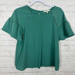 June & Hudson Green Romantic flounce short sleeve‎ top blouse shirts, sz S